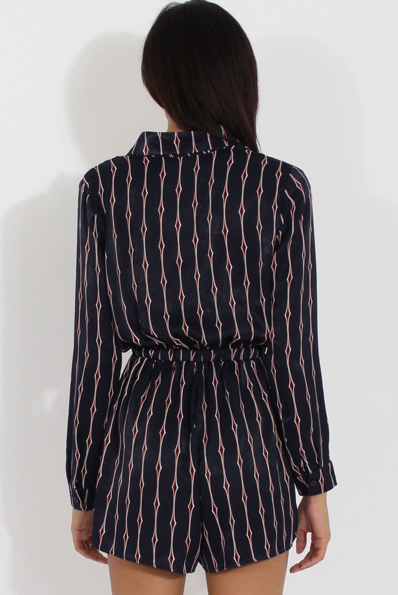 Blue Button Up Diamond Pattern Playsuit - Jessica-Playsuits
