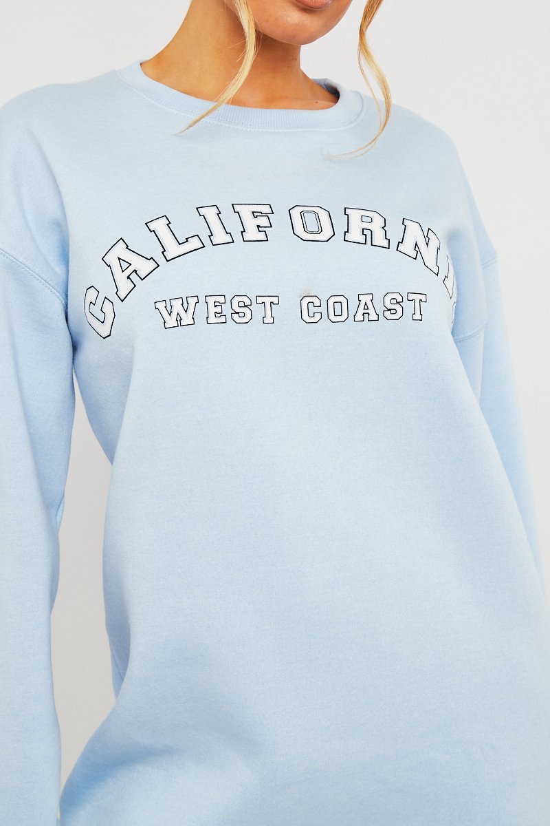 Blue California Slogan Sweater Mini Dress - Immi-Dresses