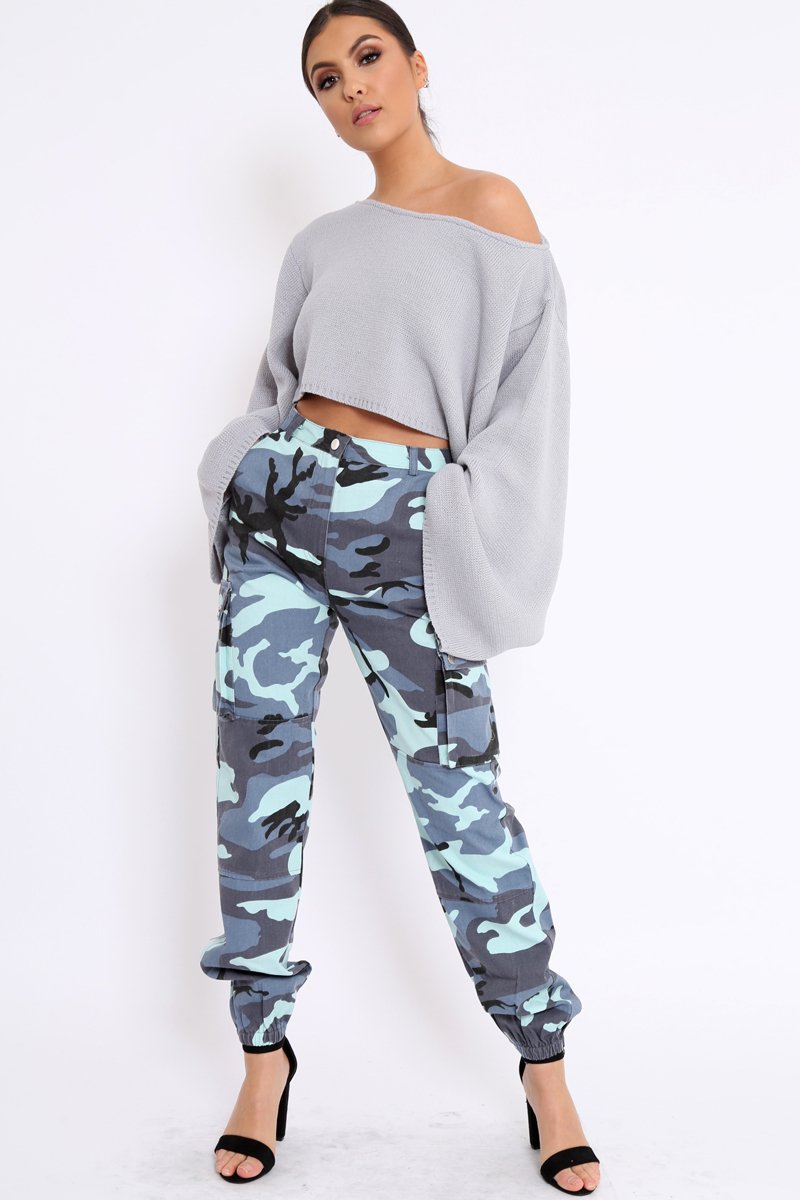 Blue Camo Printed Cargo Trousers - Vivi-Trousers