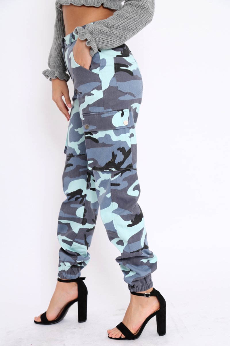 Blue Camo Printed Cargo Trousers - Vivi-Trousers
