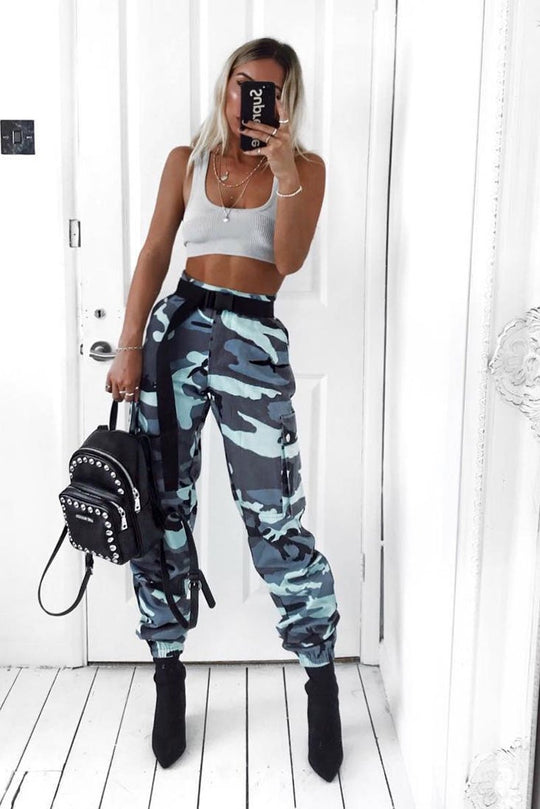 Blue Camo Printed Cargo Trousers - Vivi