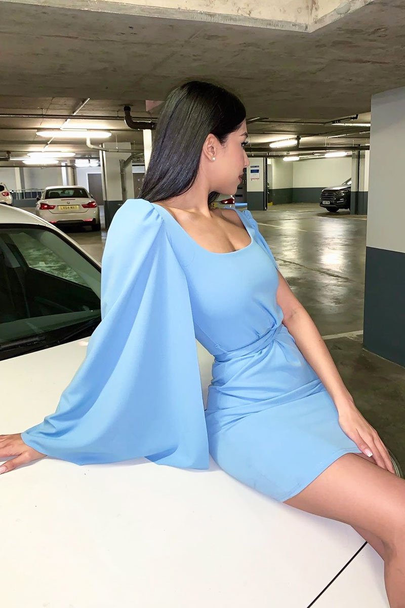 Blue Cape Sleeve Bodycon Dress - Fearne-Dresses