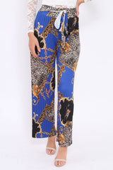 Blue Chain Leopard Pleated Wide Leg Trousers - Bess-Trousers