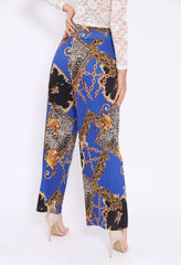 Blue Chain Leopard Pleated Wide Leg Trousers - Bess-Trousers