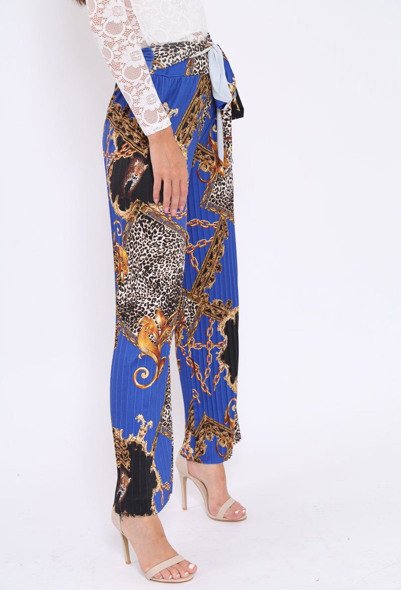 Blue Chain Leopard Pleated Wide Leg Trousers - Bess-Trousers