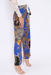 Blue Chain Leopard Pleated Wide Leg Trousers - Bess-Trousers