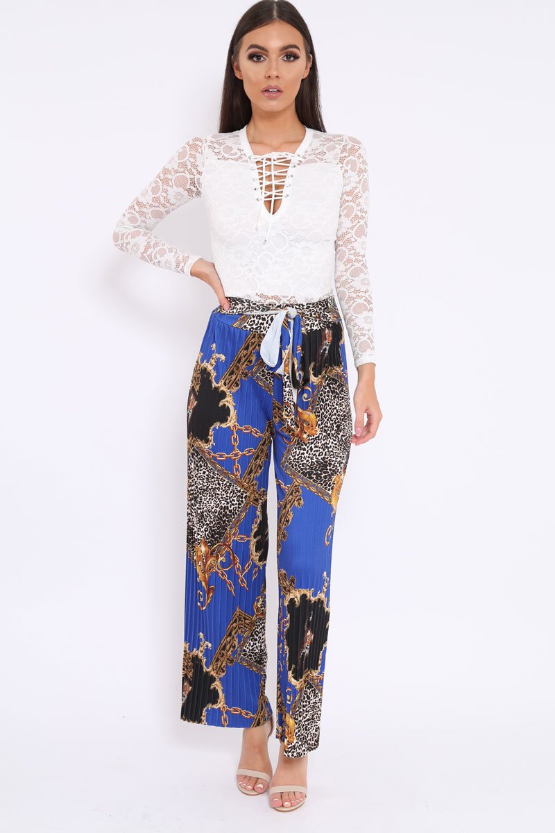 Blue Chain Leopard Pleated Wide Leg Trousers - Bess-Trousers
