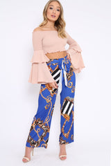 Blue Chain Pleated Wide Leg Trousers - Neola-Trousers
