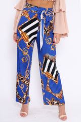 Blue Chain Pleated Wide Leg Trousers - Neola-Trousers