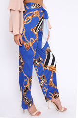 Blue Chain Pleated Wide Leg Trousers - Neola-Trousers