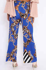 Blue Chain Pleated Wide Leg Trousers - Neola-Trousers