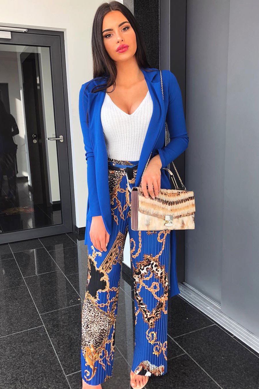 Blue Chain Pleated Wide Leg Trousers - Neola-Trousers