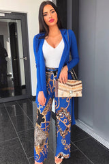Blue Chain Pleated Wide Leg Trousers - Neola-Trousers