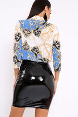 Blue Chain Print Plunge Bodysuit - Adra-Bodysuits