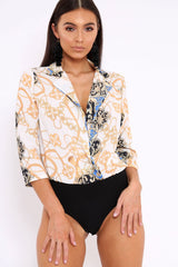 Blue Chain Print Plunge Bodysuit - Adra-Bodysuits