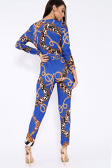 Blue Chain Print V-Plunge Jumpsuit - Talise-Jumpsuits