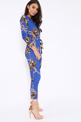Blue Chain Print V-Plunge Jumpsuit - Talise-Jumpsuits