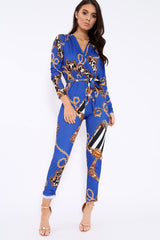 Blue Chain Print V-Plunge Jumpsuit - Talise-Jumpsuits