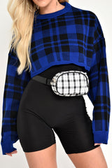 Blue Check Batwing Crop Knit Jumper - Marisa-Jumper