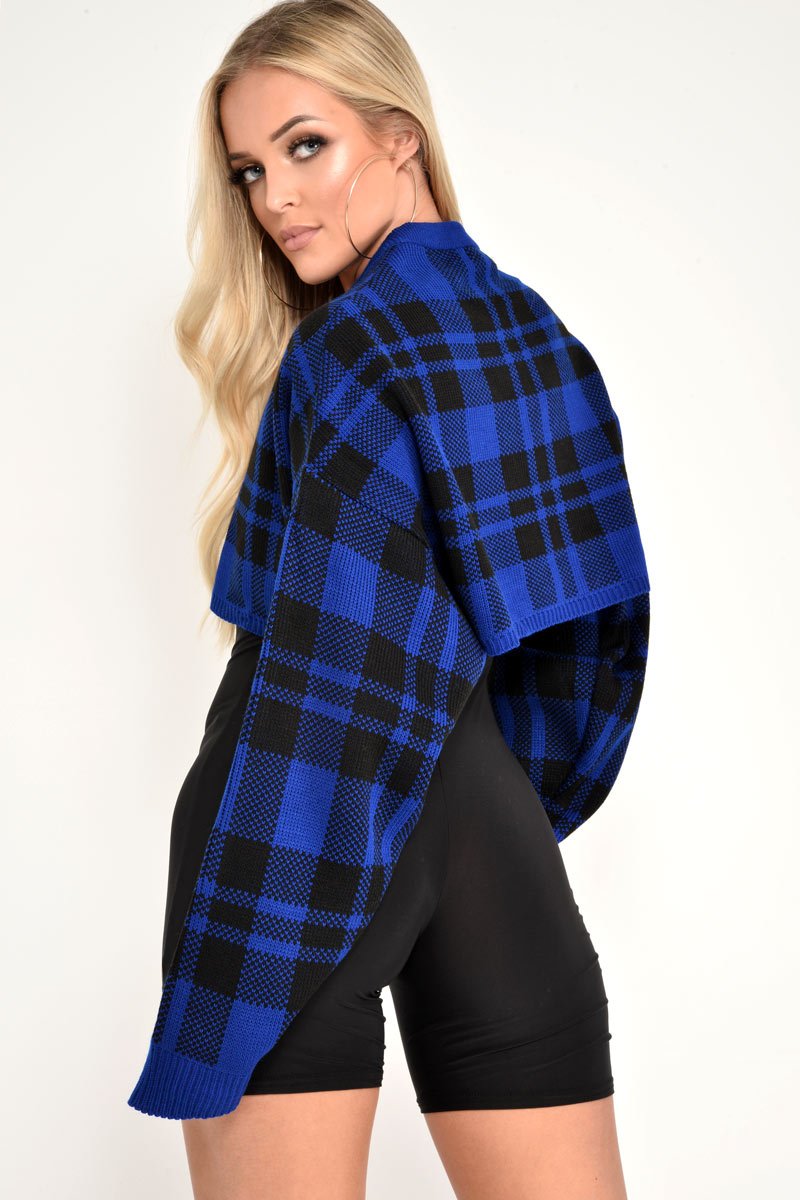 Blue Check Batwing Crop Knit Jumper - Marisa-Jumper