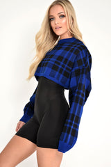 Blue Check Batwing Crop Knit Jumper - Marisa-Jumper