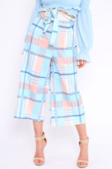 Blue Check Cropped Wide Leg Trousers - Silvia-Trousers