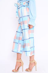 Blue Check Cropped Wide Leg Trousers - Silvia-Trousers