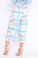 Blue Check Cropped Wide Leg Trousers - Silvia-Trousers