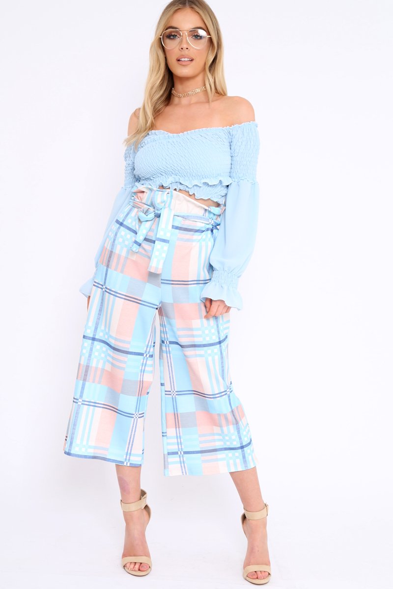 Blue Check Cropped Wide Leg Trousers - Silvia-Trousers