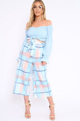 Blue Check Cropped Wide Leg Trousers - Silvia-Trousers