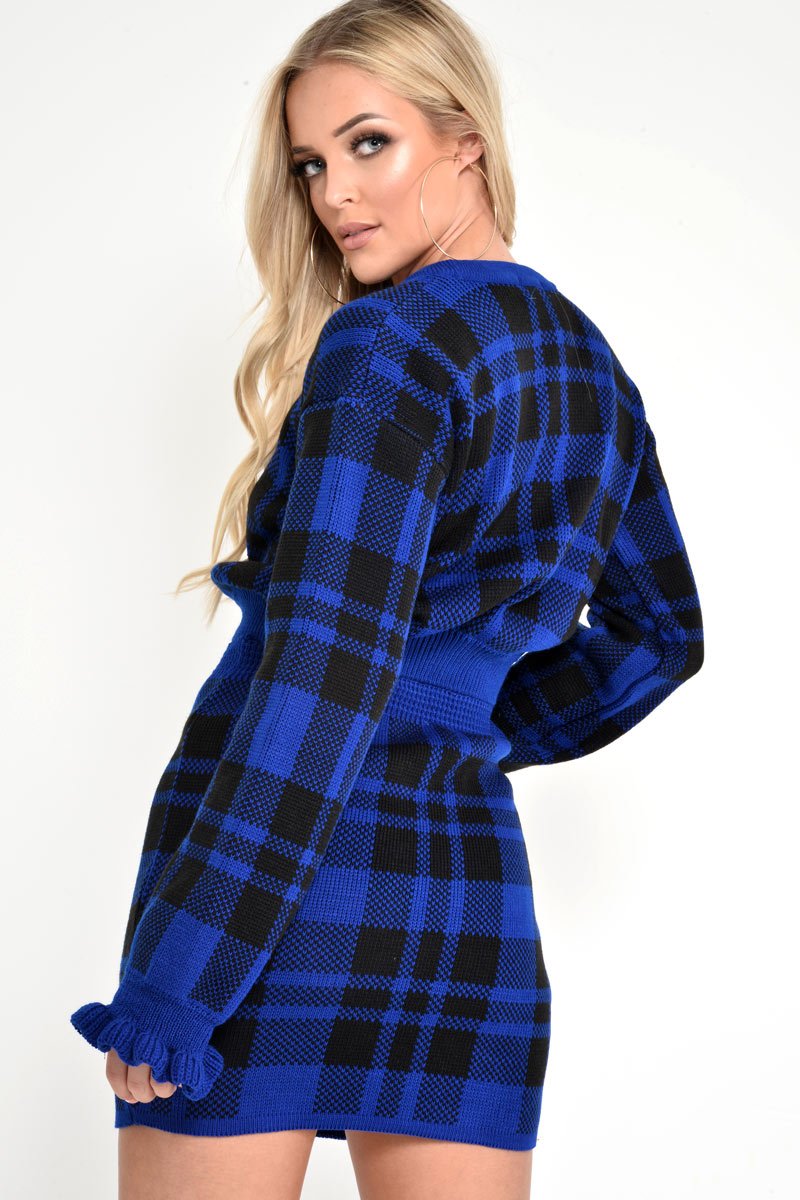 Blue Check Frill Cuff Knit Jumper - Lanelle-Jumper