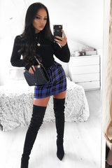 Blue Check High Waist Mini Skirt - Lyra-Skirts