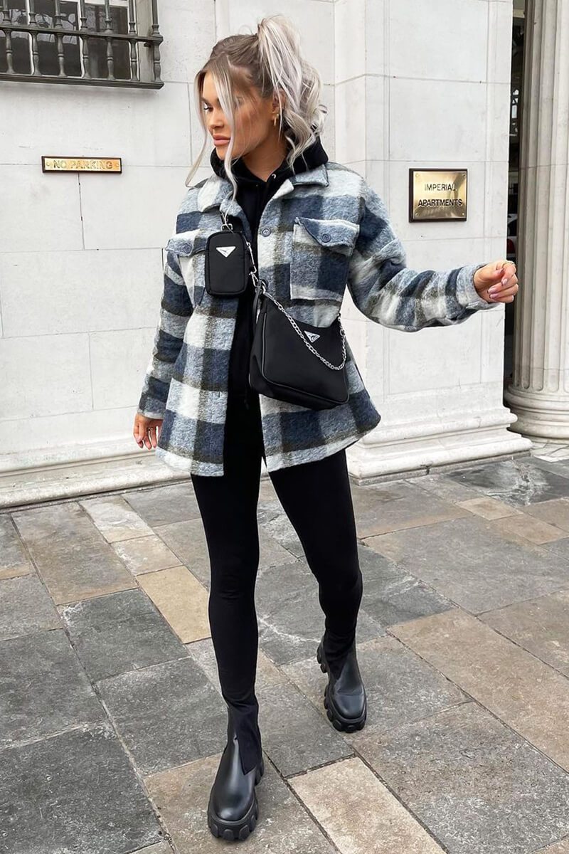 Blue Check Oversized Wool Blend Shacket - Diora-Shacket