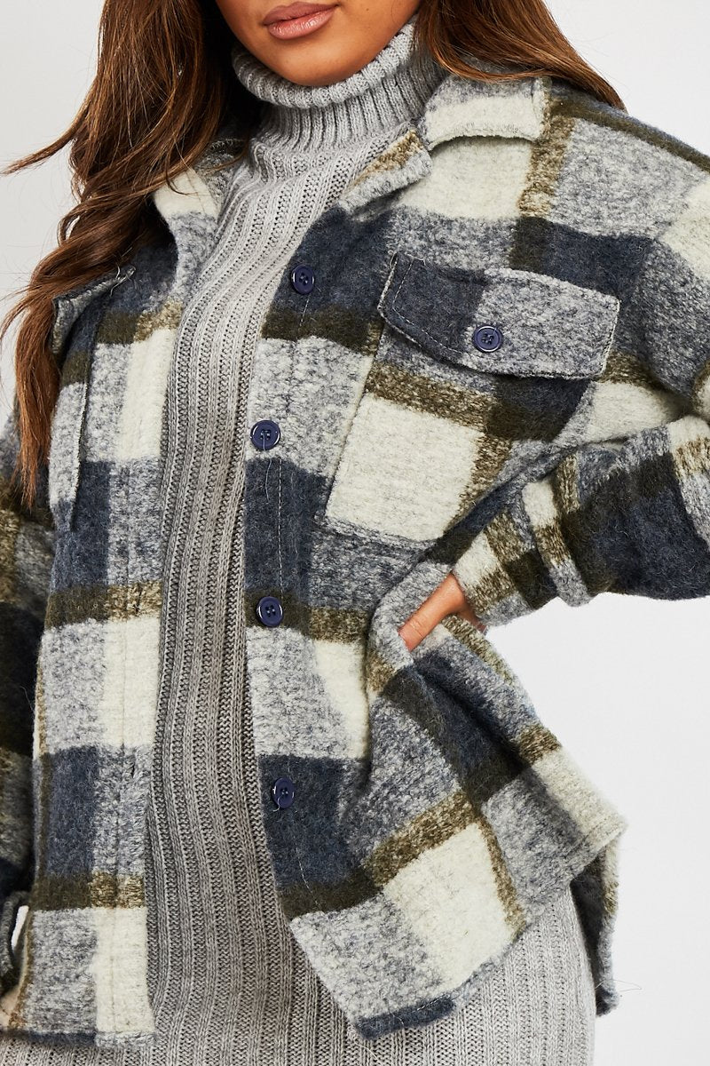 Blue Check Oversized Wool Blend Shacket - Diora-Shacket