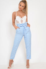 Blue Check Paper Bag Trousers - Irma-Trousers