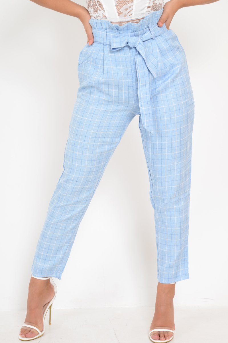 Blue Check Paper Bag Trousers - Irma-Trousers
