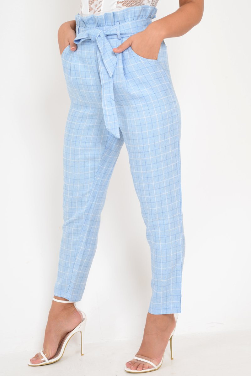Blue Check Paper Bag Trousers - Irma-Trousers