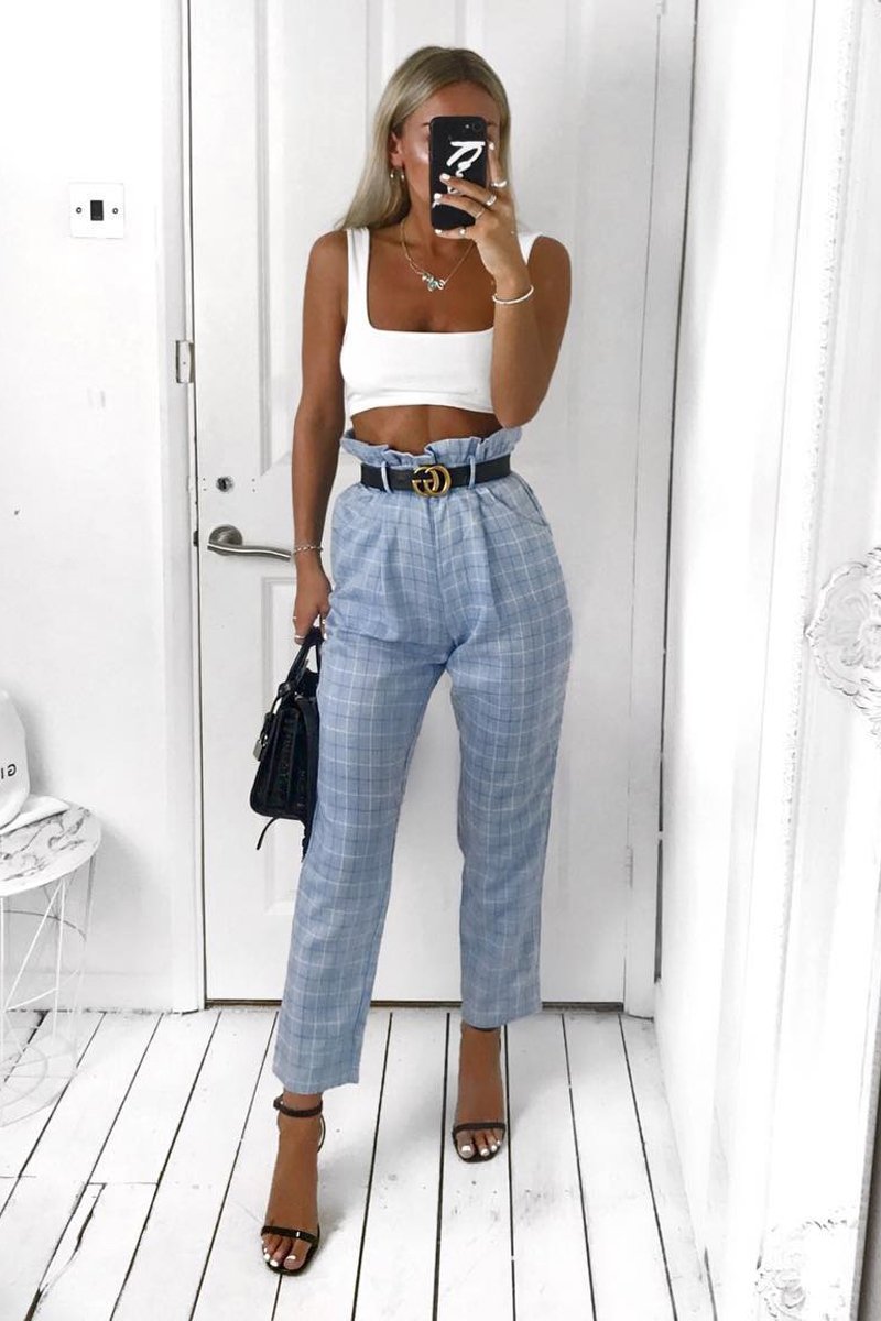 Blue Check Paper Bag Trousers - Irma-Trousers
