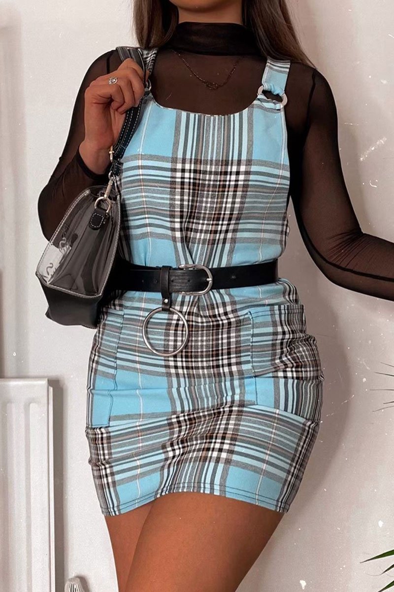 Blue Check Ring Detail Pinafore Dress - Blaire Rebellious Fashion Blue Check Ring Detail Pinafore Dress - Blaire Rebellious Fashion