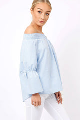 Blue Checked Bardot Bell Sleeve Top - Trixie-Tops