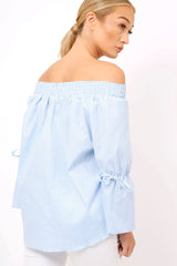 Blue Checked Bardot Bell Sleeve Top - Trixie-Tops