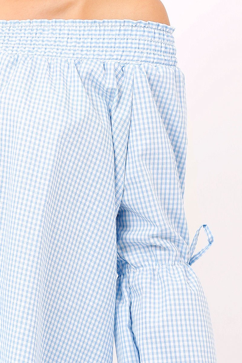 Blue Checked Bardot Bell Sleeve Top - Trixie-Tops