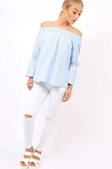 Blue Checked Bardot Bell Sleeve Top - Trixie-Tops