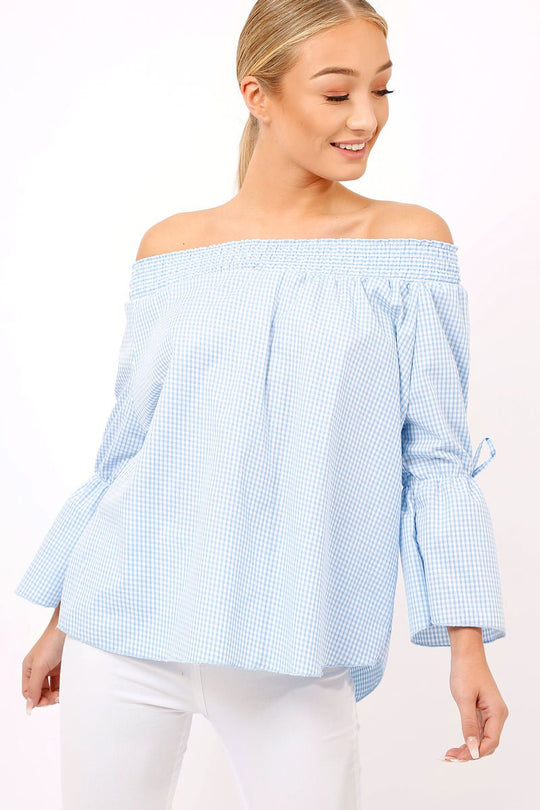 Blue Checked Bardot Bell Sleeve Top - Trixie