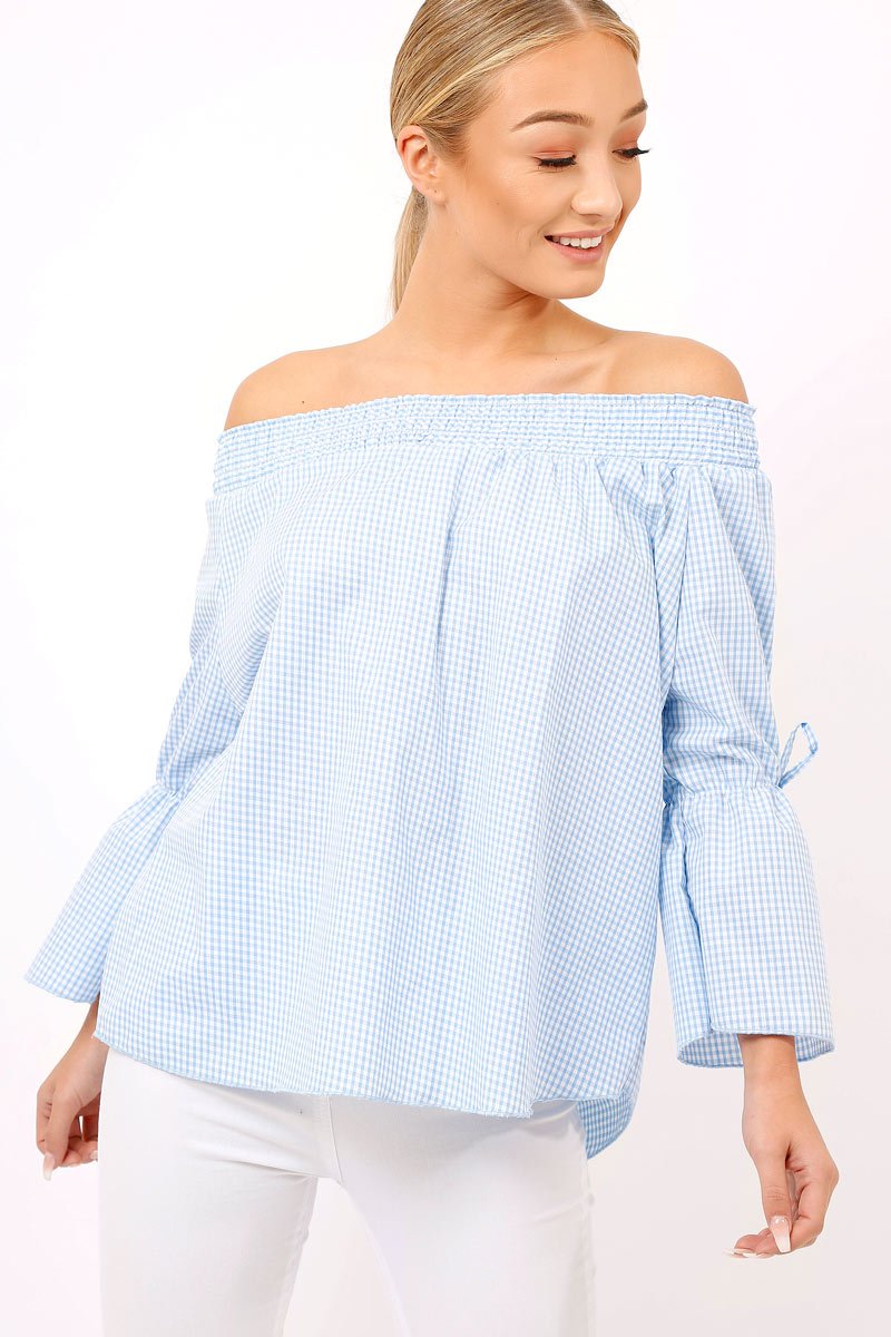 Blue Checked Bardot Bell Sleeve Top - Trixie-Tops