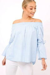 Blue Checked Bardot Bell Sleeve Top - Trixie-Tops