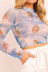 Blue Cherub Print Mesh High Neck Crop Top - Lucie-Crop Tops
