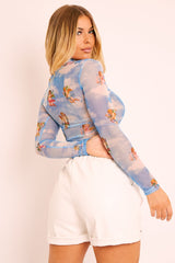 Blue Cherub Print Mesh High Neck Crop Top - Lucie-Crop Tops
