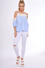 Blue Cold Shoulder Crochet Detail Top - Maggie-Tops
