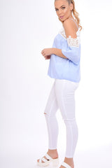 Blue Cold Shoulder Crochet Detail Top - Maggie-Tops